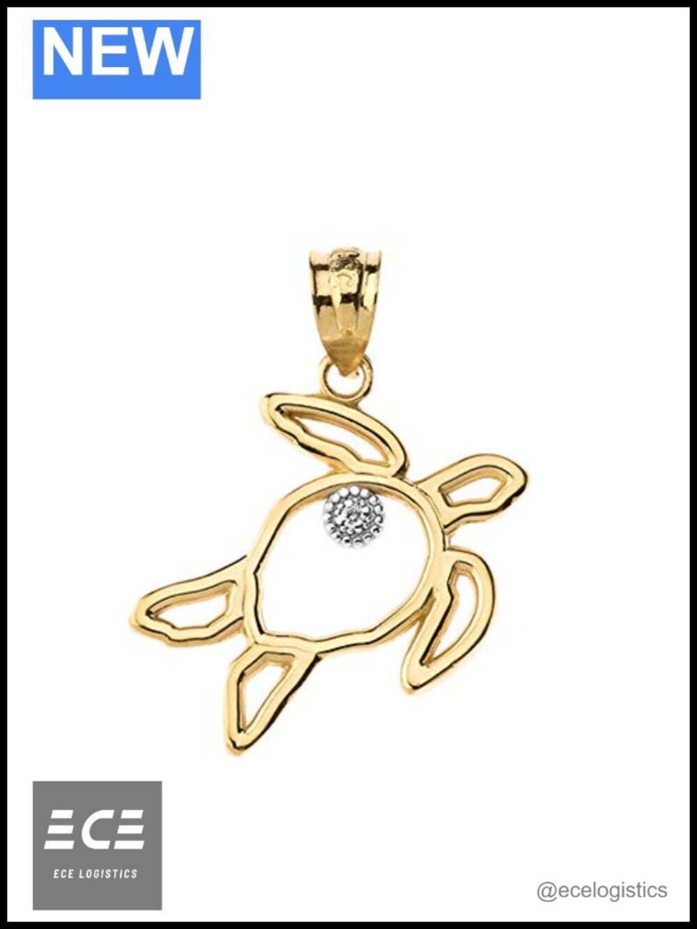 14k Gold Sea Turtle Charm Pendant Diamond Cut-out Good Luck